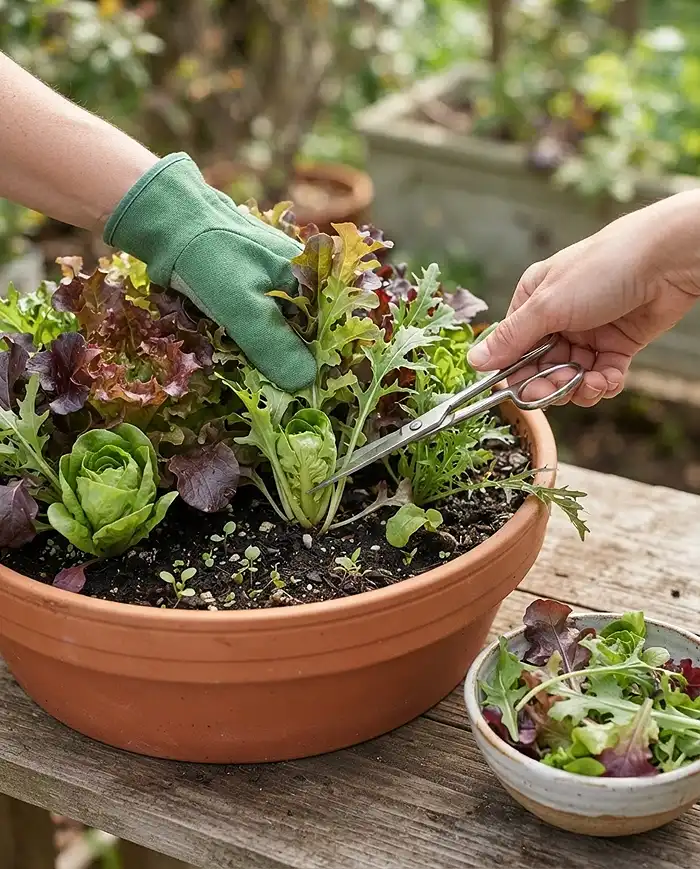 Maximize Balcony Harvest: Grow More in Less Space 5 Cutting only the outer leaves of a mesclun pot with scissors so the center keeps regenerating new growth