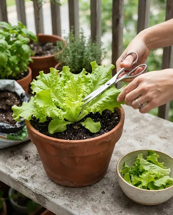 Leafy Greens for Shade Containers 5 Cutting only the outer lettuce leaves above the crown using the cut-and-come-again method in a shade container
