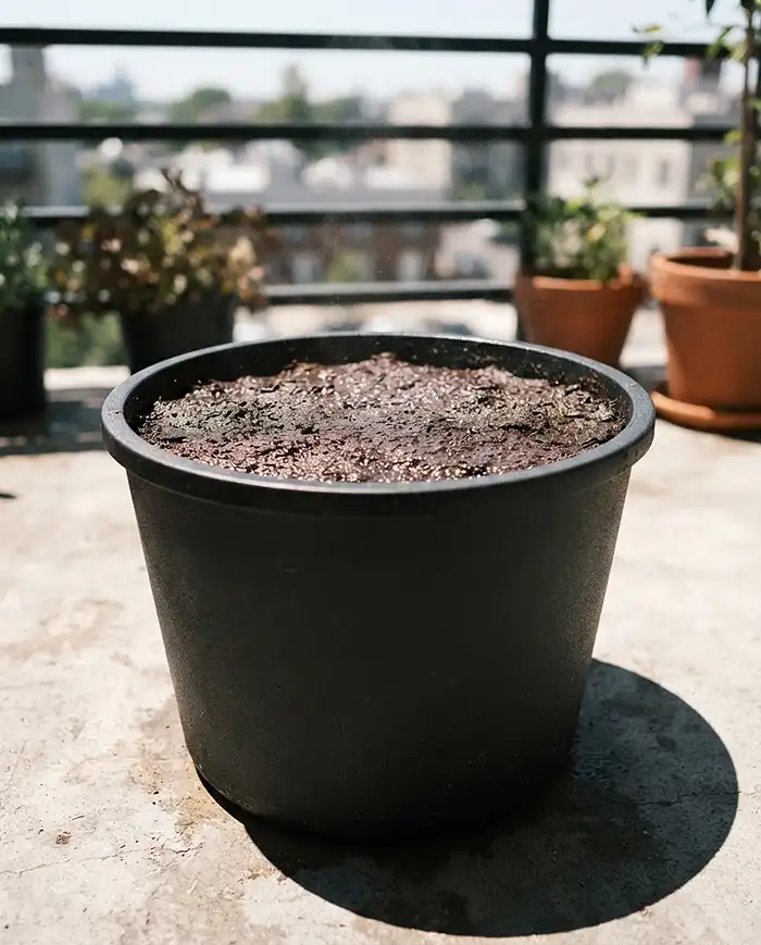 Damp bare soil in a dark pot left in full sun to solarize and kill pathogens between rotation crops. crop rotation in containers