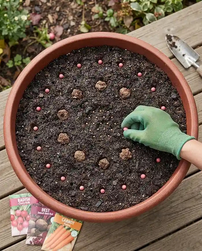 Fast Fall Root Vegetables in Pots for Quick Harvests 4 Deep pot sown in a staggered honeycomb grid with radishes at the edge, beets in the middle, and carrots centered