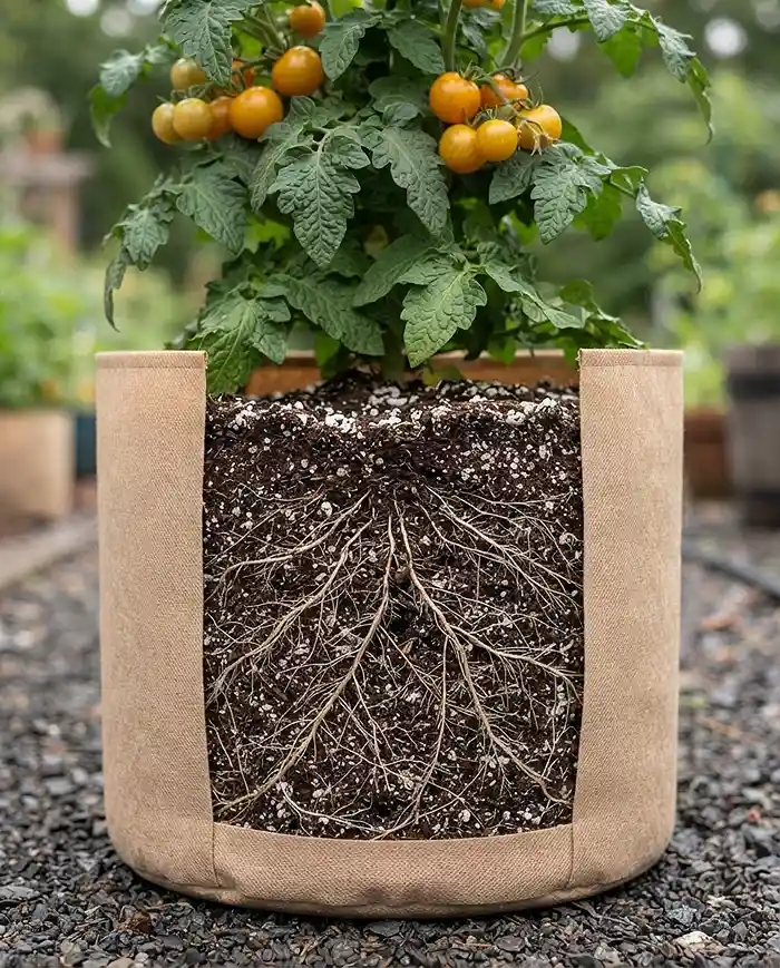 Pot Depth for Vegetables 4 Dense air-pruned roots branching at the edge of a fabric grow bag, showing why fabric bags boost root efficiency