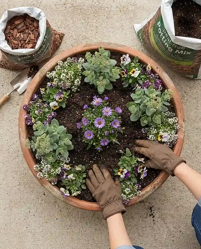 Fall Pollinator Planters: Cool-Weather Bee Containers 4 Densely planting a fall pot with an aster anchor ringed by sedum and pansies tucked tightly for an instant full look