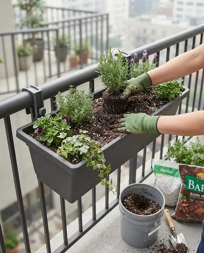 Hanging Planters for Balcony Railing That Save Space 4 Densely planting young transplants into a mounted railing box using the thriller, filler, and spiller formula