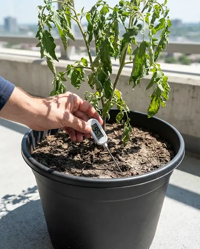 How to Keep Container Soil Cool in Hot Weather 2 Digital thermometer probed near the wall of a dark pot to measure peak afternoon container soil temperature
