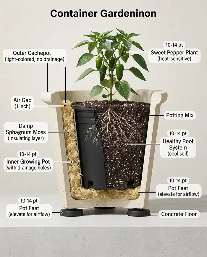 How to Keep Container Soil Cool in Hot Weather 3 Double-potting cross-section with sphagnum moss insulation, a cooling hack for peppers for balcony containers in summer heat