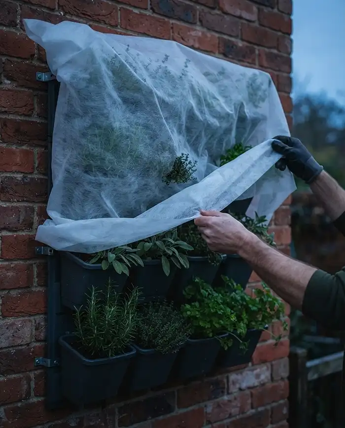 Vertical Herb Wall Ideas for Transitional Seasons 4 Draping horticultural fleece over a vertical herb wall to protect herbs from overnight frost.