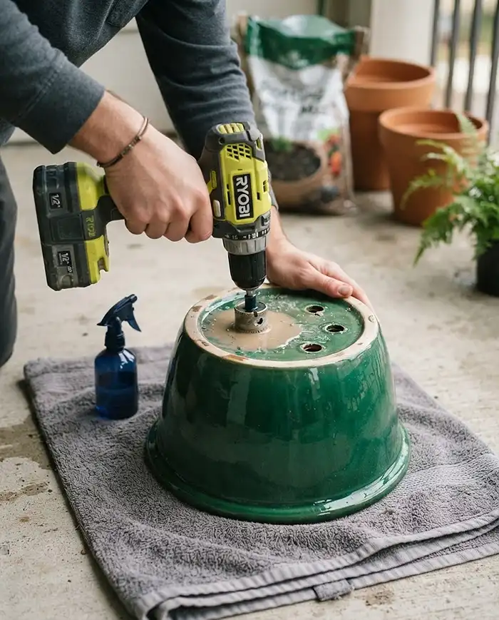 Drilling drainage holes in a glazed ceramic planter with a diamond bit to fix a sealed pot