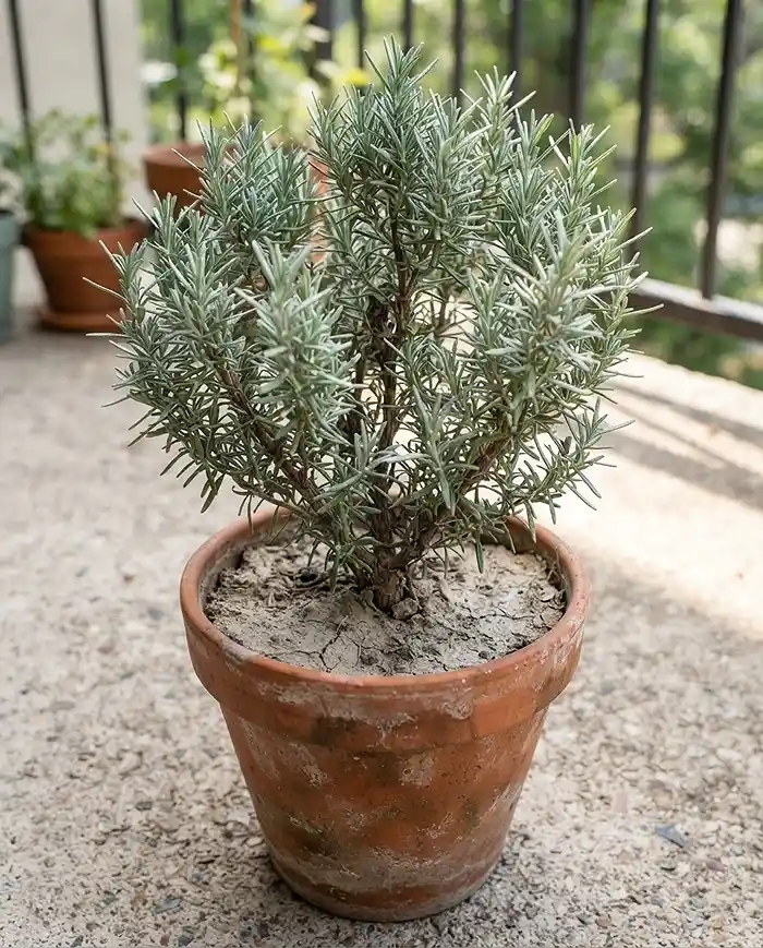 Best Balcony Herbs for Beginners 3 Drought-tolerant rosemary in a wide pot with dry soil, one of the best balcony herbs for beginners who forget to water