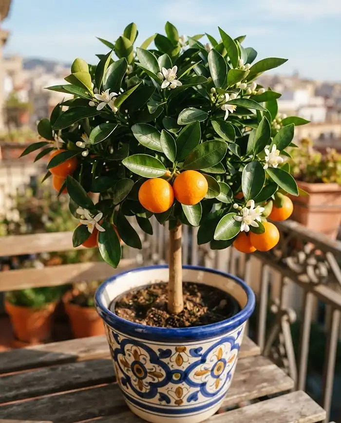 Mediterranean Balcony Tablescape with Herbs and Citrus 3 Dwarf Calamondin citrus in fruit as a tabletop centerpiece, pairing well with peppers for balcony containers nearby