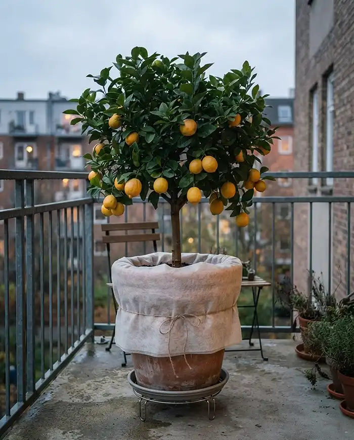 Fall Mediterranean Balcony Ideas You'll Love 5 Dwarf Meyer lemon with its pot wrapped in fleece to protect roots from a cold snap.