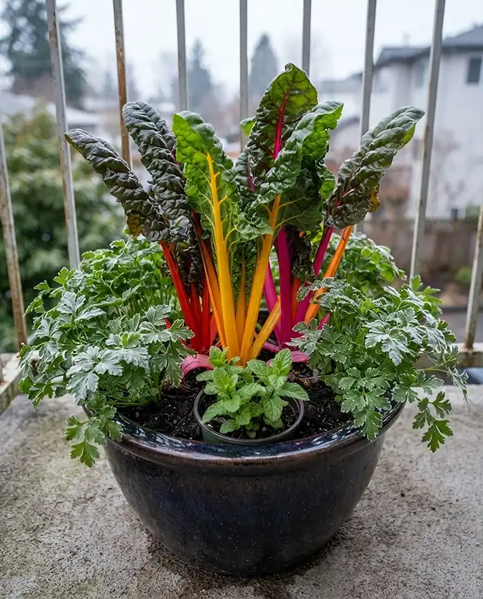 Cool Season Shade Container Combos for North Balconies 4 Edible winter shade pot with rainbow Swiss chard, parsley, and contained mint for a north balcony.