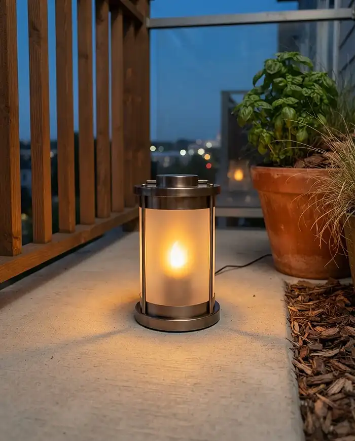 Balcony Garden Lantern Ideas for a Cozy Evening Nook 2 Enclosed flameless LED lantern placed safely away from a wooden railing and mulch on a balcony.