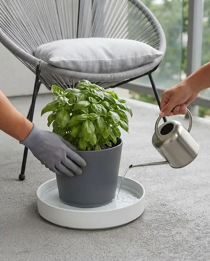 Exact-fit glazed drip tray under a pot beside a chair cushion, bottom-watering to keep muddy runoff off the seating