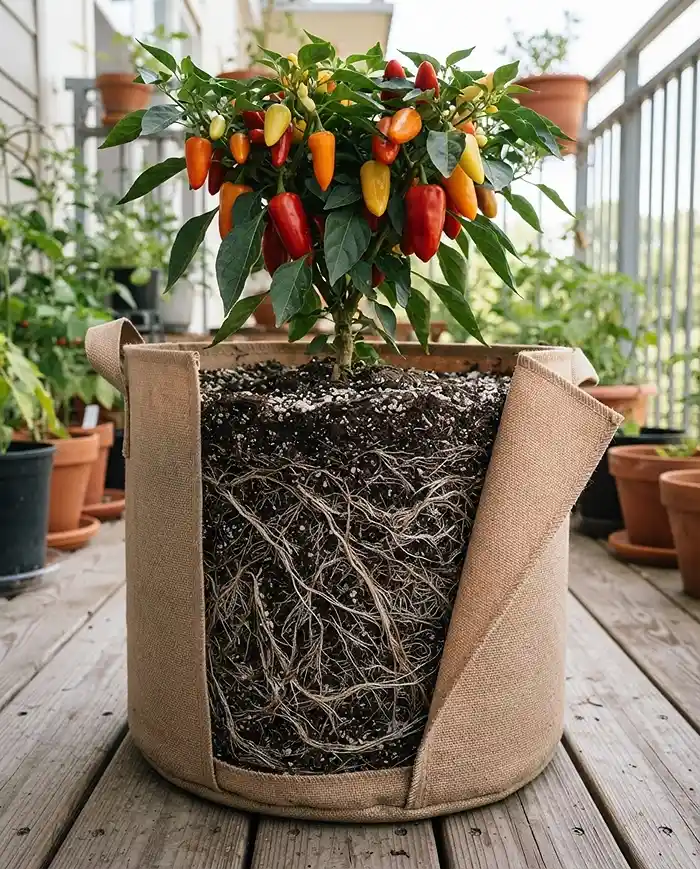 Pots vs Grow Bags vs Window Boxes 3 Fabric grow bag showing a dense air-pruned root mass, a key advantage in pots vs grow bags vs window boxes