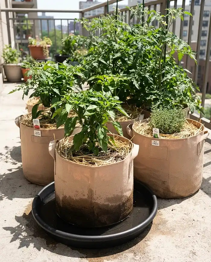 Lightweight Planters for Hot Climates That Stay Cooler 5 Fabric grow bags clustered and bottom-watered to slow fast drying