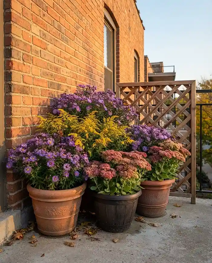 Fall Pollinator Planters: Cool-Weather Bee Containers 2 Fall pollinator pots clustered against a brick wall with a lattice windbreak to shelter late blooms from cold gusts