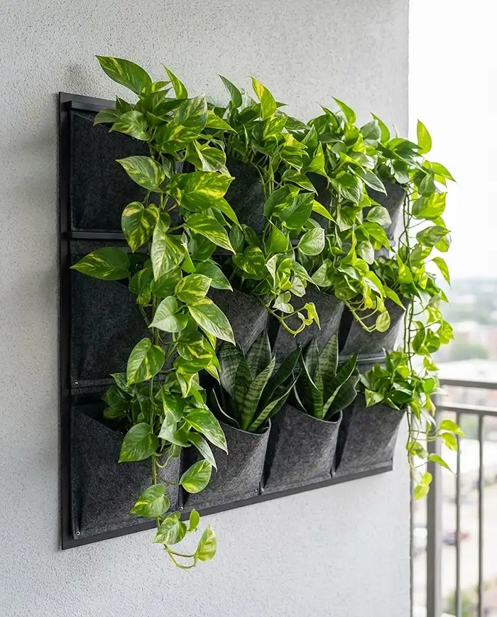 Slim Vertical Garden Balcony Ideas for Small Spaces 3 Felt pocket living wall of pothos and snake plant on a backing board, a slim alternative to peppers for balcony containers