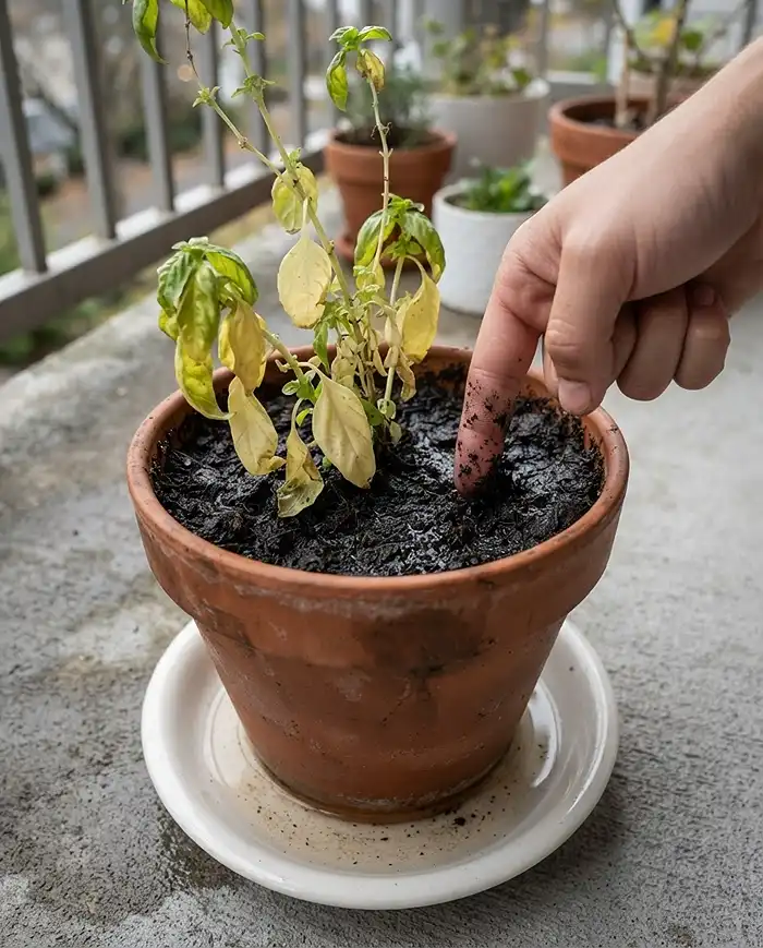 Why Herbs Stop Growing in Fall 3 Finger-testing soggy soil in a stalled potted basil with yellowing leaves, a key reason herbs stop growing in fall.