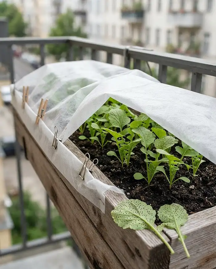 Growing Radishes and Turnips in Containers 5 Floating row cover protecting container radishes from flea beetle shot-hole damage.
