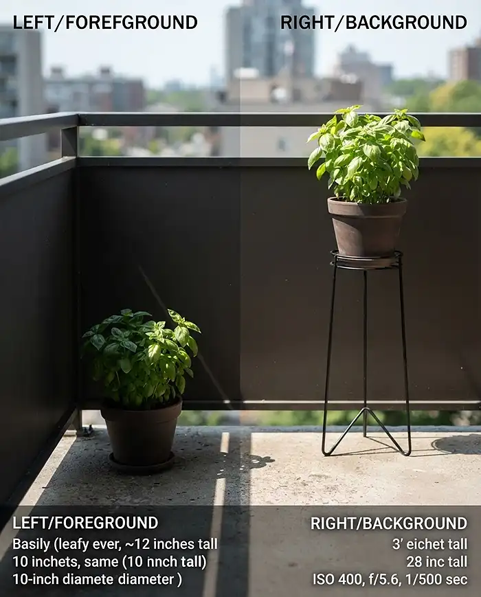 How to Measure Sun Exposure on Balcony Without Guessing 5 Floor pot in railing shade beside a raised pot in full sun, showing how pot height changes sun exposure. how to measure sun exposure on balcony