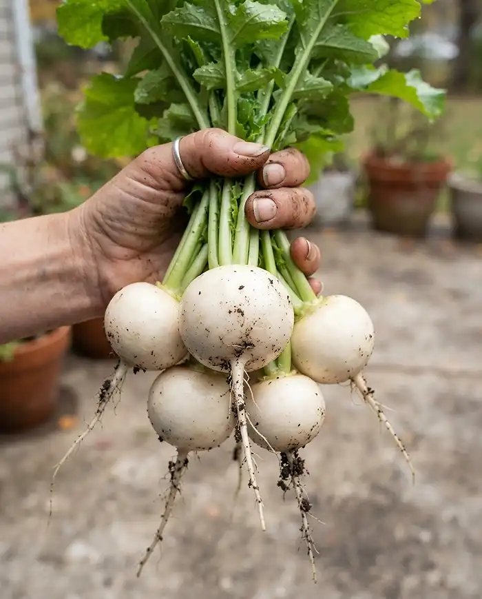 Fast Fall Root Vegetables in Pots for Quick Harvests 2 Freshly pulled ivory Hakurei baby turnips with green tops, a fast 40-day fall root crop for deep pots