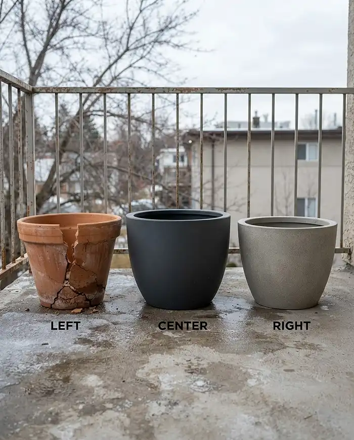 Cool Season Shade Container Combos for North Balconies 2 Frost-cracked terracotta pot next to intact double-walled resin and fiberglass planters for winter.