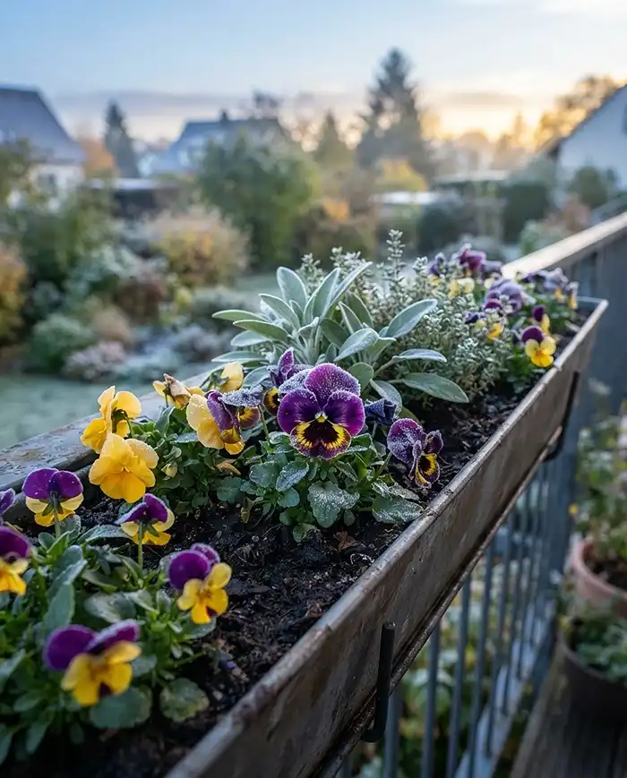 Frost-dusted pansies and violas bordering sage and thyme, the cold-hardy heart of fall railing planters