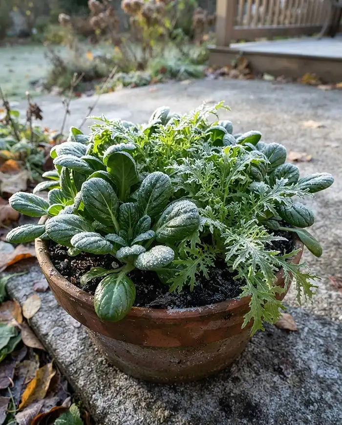 Fall Salad Greens to Plant After Summer Heat 3 Frost-touched tatsoi and mizuna growing in a container as cold-hardy fall salad greens.