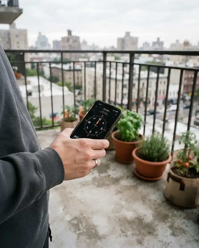 Best Peppers for Balcony Containers 2 Gardener checking sun direction with a phone compass on a balcony to assess light for peppers