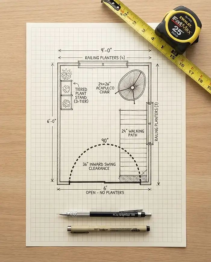 Graph-paper balcony sketch marking the door swing, chair footprint, and a 24-inch walkway before buying pots