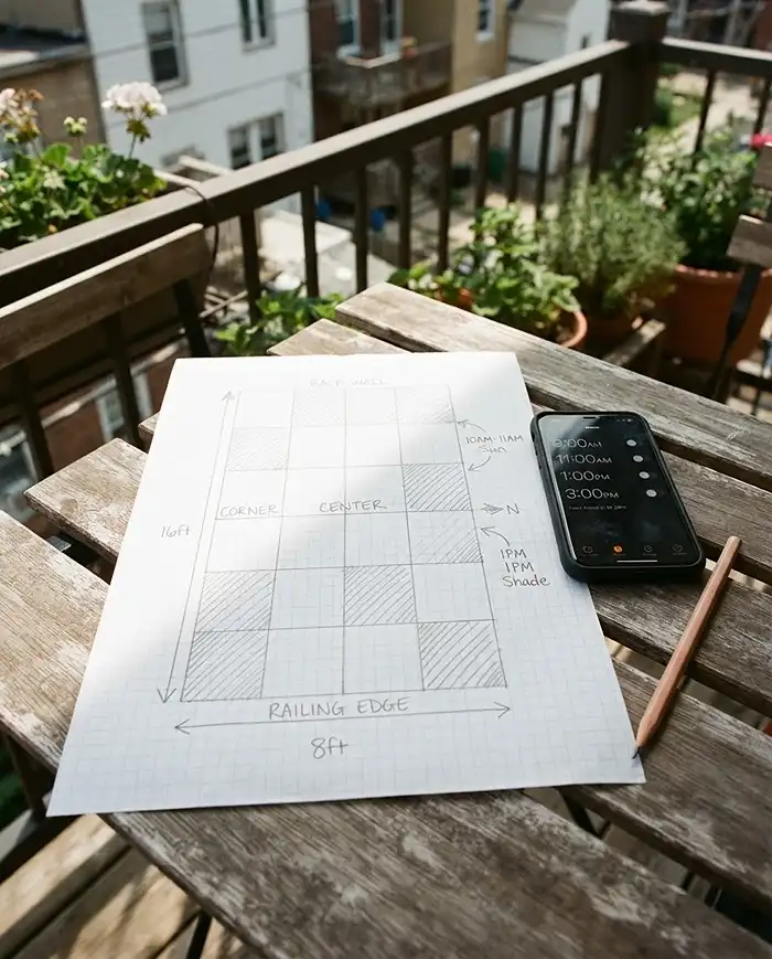 How to Measure Sun Exposure on Balcony Without Guessing 2 Hand-drawn balcony grid with shaded squares tracking hourly direct sun for a manual sun map
