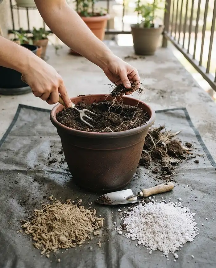 Hands loosening old soil and mixing in worm castings and perlite in a pot between rotation crops