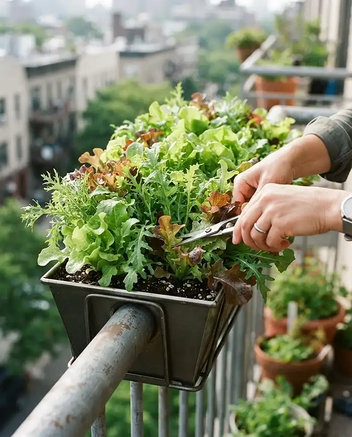 Best Vegetables for Railing Planters in Small Spaces 3 Harvesting cut-and-come-again greens, among the best vegetables for railing planters in small spaces.