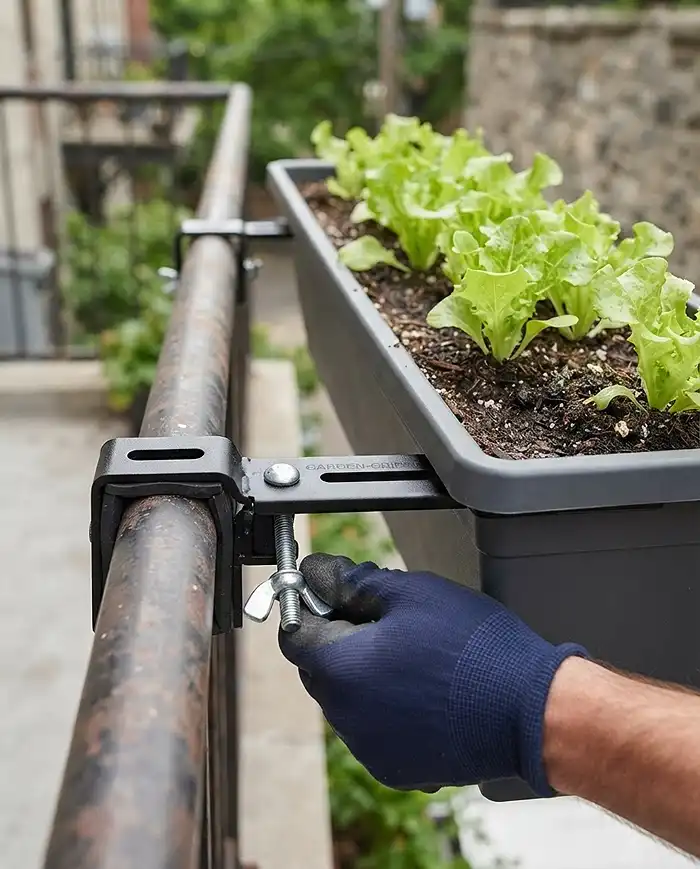 Pots vs Grow Bags vs Window Boxes 2 Heavy-duty metal bracket clamped over a railing holding a soil-filled window box, rated for its full wet weight