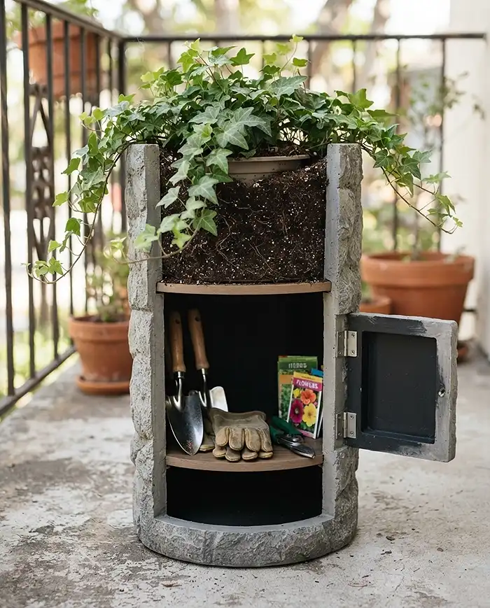 Hidden Balcony Garden Storage That Blends With Planters 3 Hidden balcony garden storage in a false-bottom tall planter with a trailing plant on top and a secret cabinet below