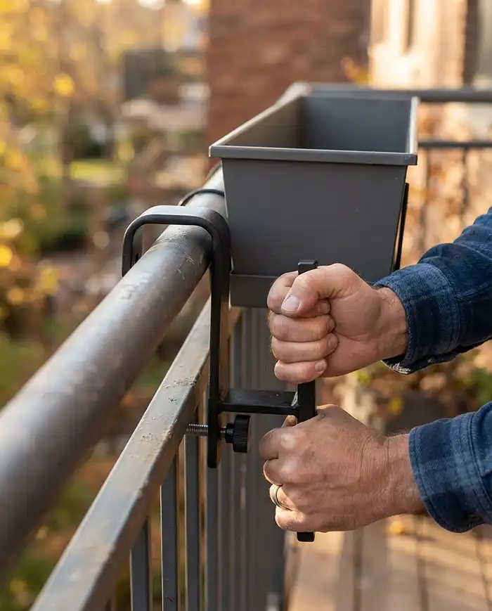 Hook-over saddle bracket tug-tested on a balcony railing before filling the box, rated for soaked fall soil weight