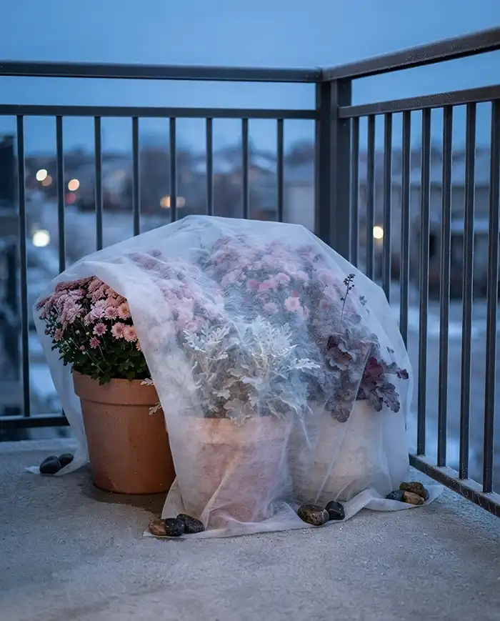 Autumn Balcony Garden Ideas With Cozy Fall Colors 5 Horticultural fleece draped over clustered fall balcony pots overnight to protect blooms from a hard frost