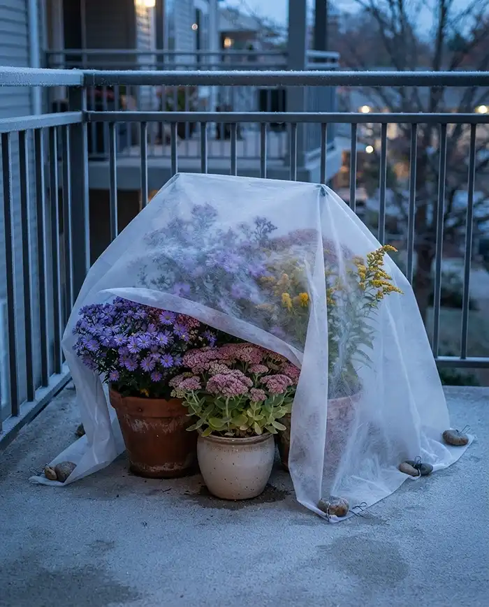 Fall Pollinator Planters: Cool-Weather Bee Containers 5 Horticultural fleece draped over fall pollinator pots overnight to protect buds from an early sub-freezing frost