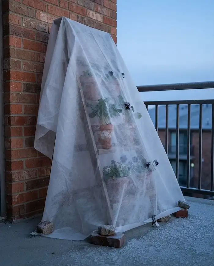 Fall Vertical Ladder Garden Ideas for Small Balconies 5 Horticultural fleece loosely tented over a ladder garden against a wall to protect tiers from a fall frost