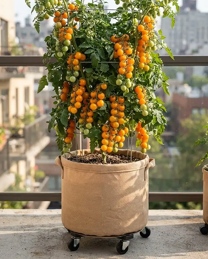Grow Bag Size for Tomatoes Peppers and Cucumbers Guide 3 Indeterminate cherry tomato in a 25-gallon fabric grow bag with a tall wire cage.