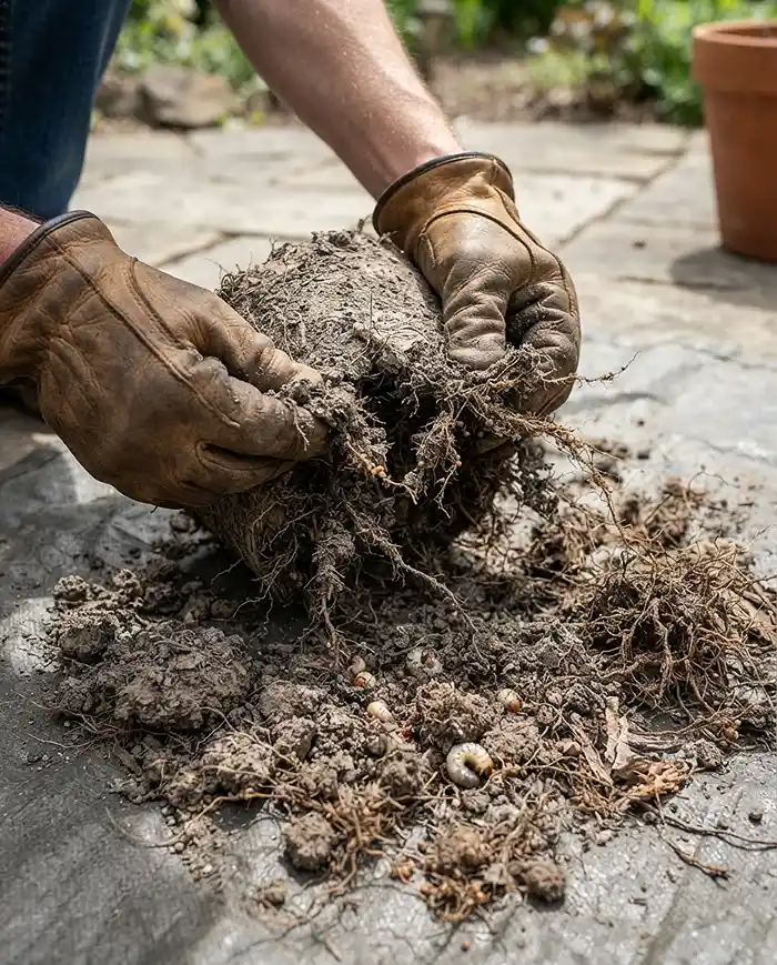 Inspecting an old root ball for pests and disease before deciding whether to reuse the soil.