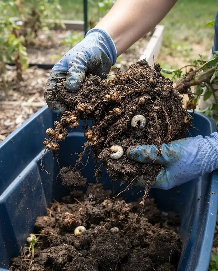 How to Reuse Potting Soil Safely for a New Season 2 Inspecting an old root ball for root-knot swellings and grub larvae before deciding whether to reuse the soil