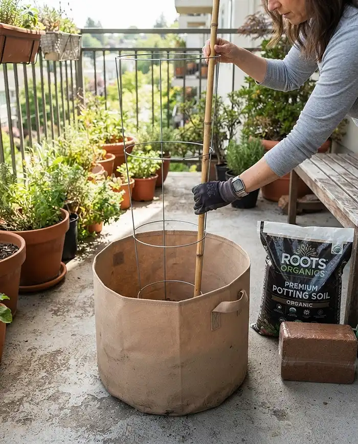 Grow Bag Size for Tomatoes Peppers and Cucumbers Guide 4 Installing a stake and cage into an empty grow bag before adding soil.