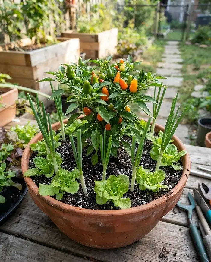 Maximize Balcony Harvest: Grow More in Less Space 3 Intercropped pot of Lunchbox peppers ringed with scallions and lettuce, maximizing yield from peppers for balcony containers.