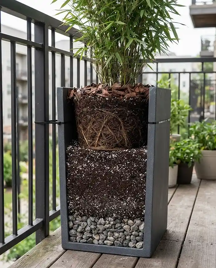 Tall Balcony Planters for Privacy That Work 4 Layered cross-section of a tall planter with gravel ballast, soil, and mulch anchored to a railing