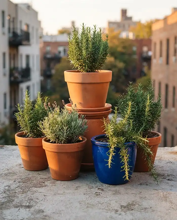Fall Mediterranean Balcony Ideas You'll Love 2 Layered terracotta and cobalt pots styling a fall mediterranean balcony corner.