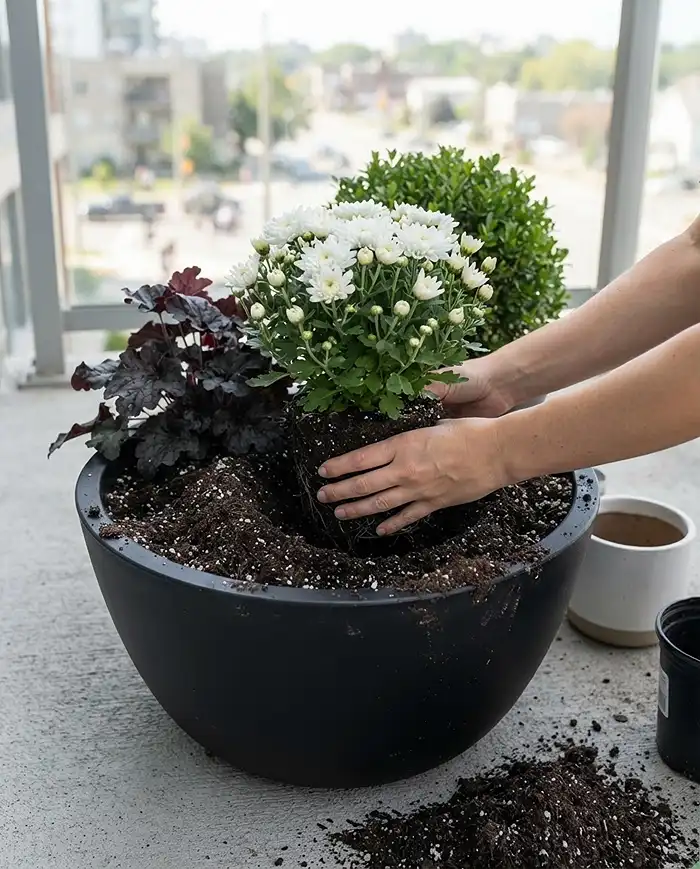 Monochromatic Balcony Garden Ideas for Fall 4 Layering a white mum into a black anchor pot with boxwood and dark foliage during planting
