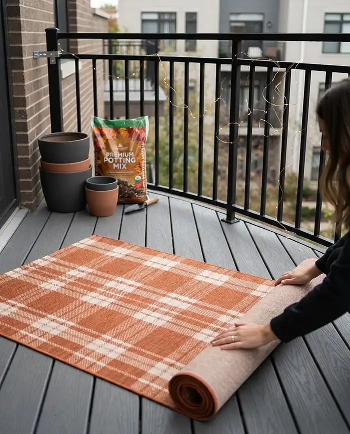 Laying the rug down first on a cleaned balcony before lighting and planters, following the fall makeover sequence