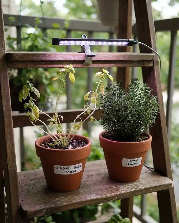 Balcony Herb Shelf Ideas for Stylish Apartments 5 Leggy etiolated basil stretching for light on a shaded lower herb shelf tier.