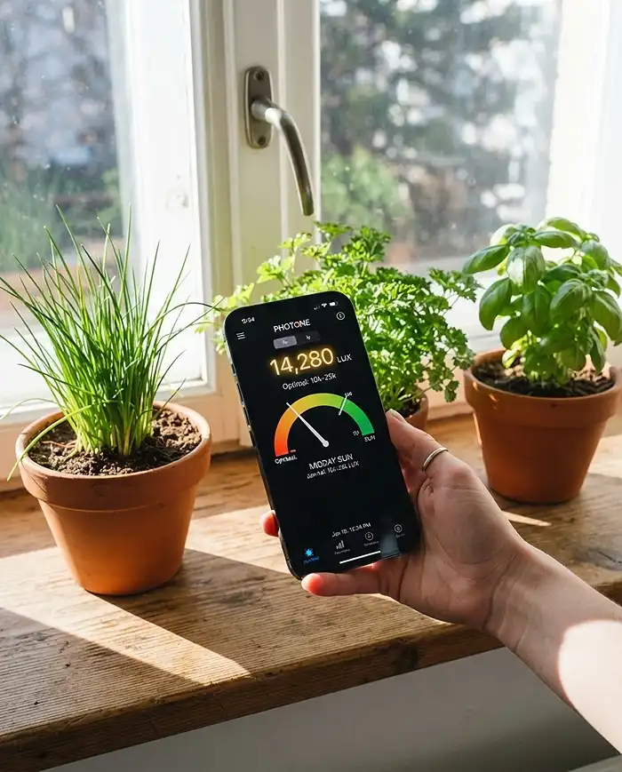 Best Windowsill Herbs to Grow at Home 2 Light-meter app measuring foot-candles at a windowsill to check if it is bright enough for herbs